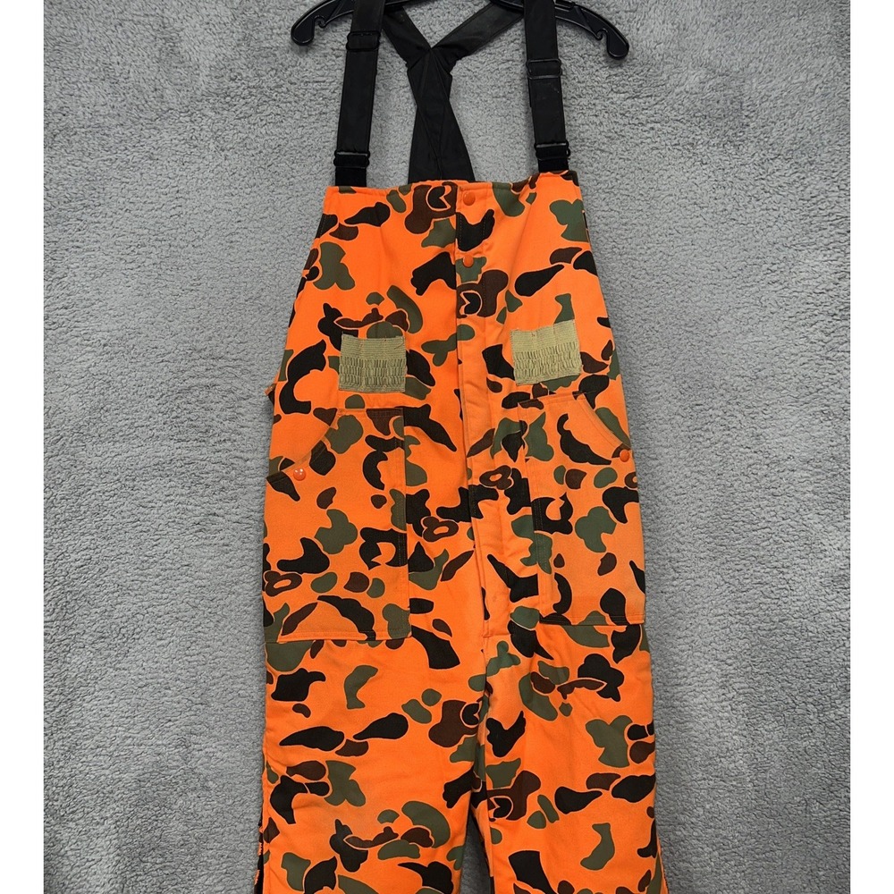 VTG Woolrich Hunting Bibs Men's Sz L Blaze Orange Camo Duck Overall Made in USA